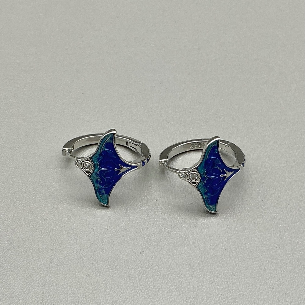 Manta Ray Hoop Earrings Women Blue Enamel Nautical Ocean Stingray Silver Tone